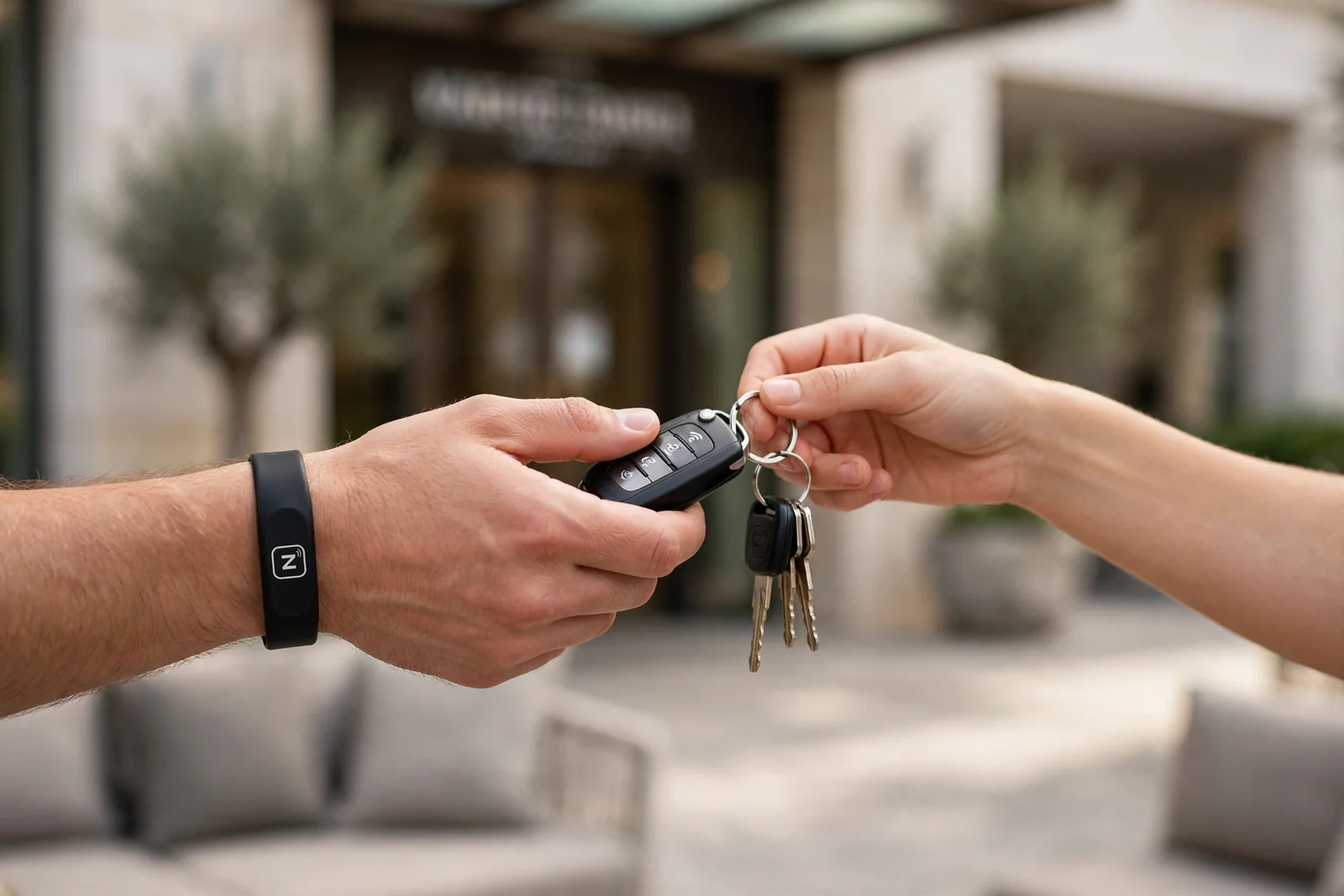 A valet in a Zovo wristband hands car keys to a guest outside a hotel entrance