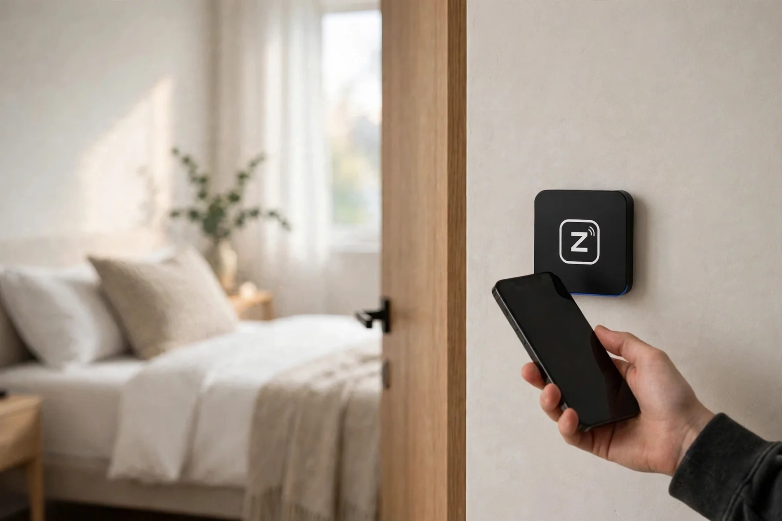 A guest taps a phone to a Zovo wall tag mounted beside a hotel room door