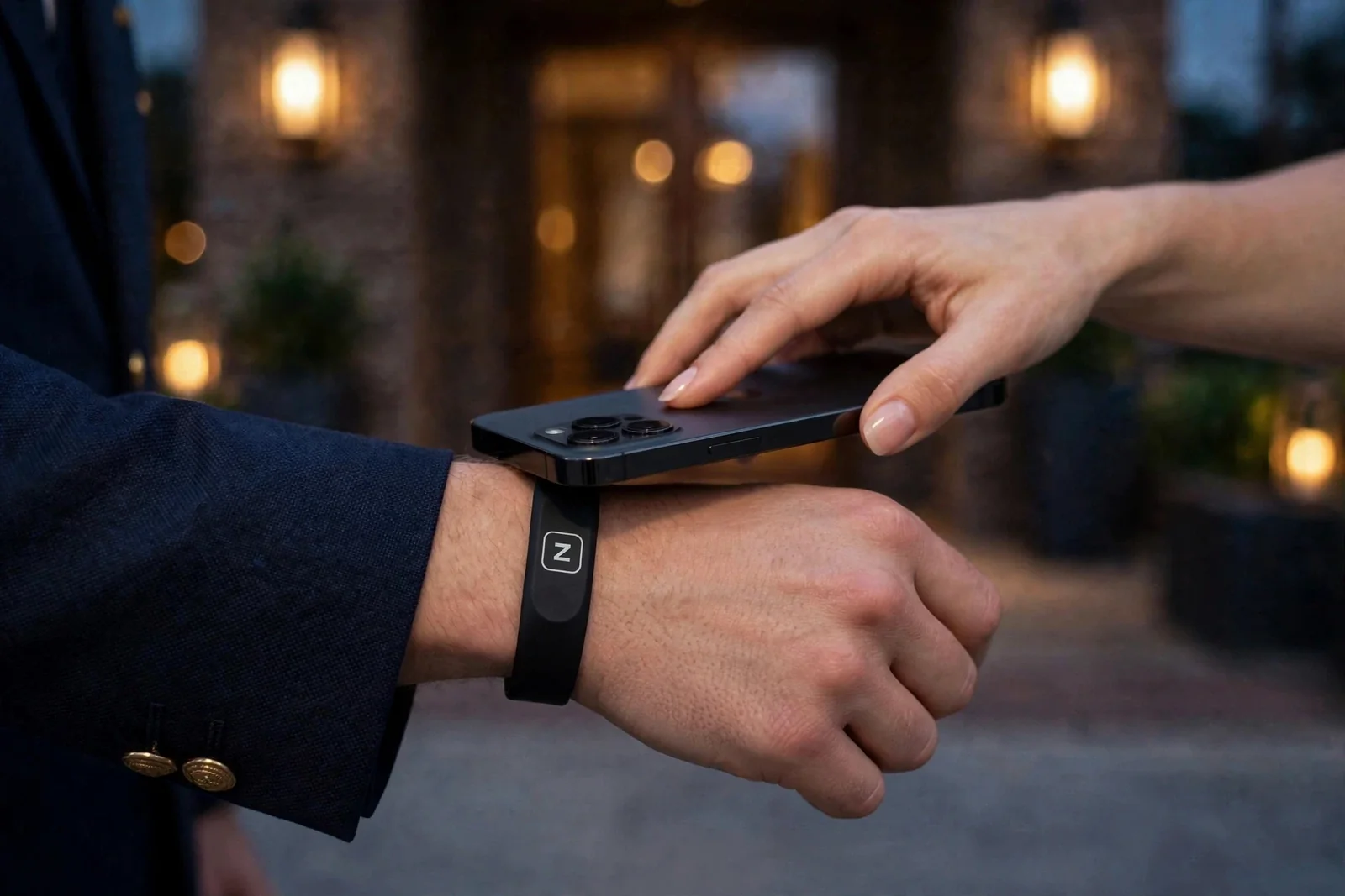 A guest holds a phone to a worker's wrist, tapping the black Zovo wristband at a hotel entrance at dusk
